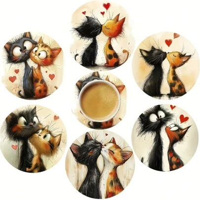 1 Set Of 6 Couple Cat Wooden Coasters - Heat-Resistant Coasters For Home, Afternoon Tea, Coffee - Ideal Valentine's Day Gift