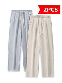 2-Pack Men's Simple Style Solid Color Straight Sweatpants Outdoor Jogging Sports Fitness Exercise Pants Men's Casual Pants - Light Gray + Khaki - View 2