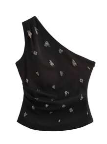 ZEVITY Women's Asymmetric Beaded Decor Sleeveless Top, Simple Fashion Daily Casual - Black - View 1