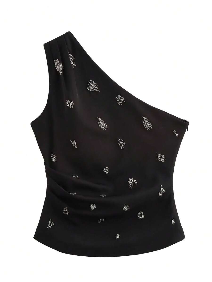 ZEVITY Women's Asymmetric Beaded Decor Sleeveless Top, Simple Fashion Daily Casual - Black - View 1