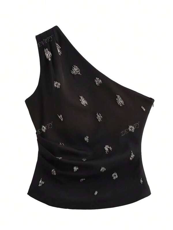 ZEVITY Women's Asymmetric Beaded Decor Sleeveless Top, Simple Fashion Daily Casual