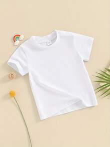 Toddler Baby Boy Short Sleeve Crew Neck T Shirt Pullover Sweatshirt Summer Basic Tee Solid Casual Clothes - White - View 3