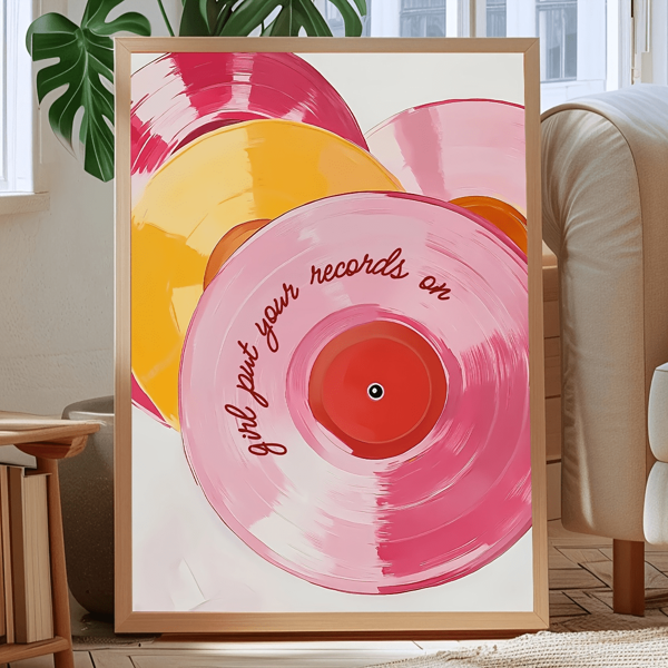 Decoração de quarto 1 peça pôster de tela de disco de vinil rosa retrô, arte de parede sem moldura para decoração de sala de estar e quarto, decoração de casa com tema musical