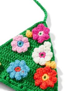 Women Knitted Two Piece Bikini Swimsuit Sexy Bathing Suits Crochet Flower Halter Triangle Tops String Bikini Sets Beachwear - Green - View 5