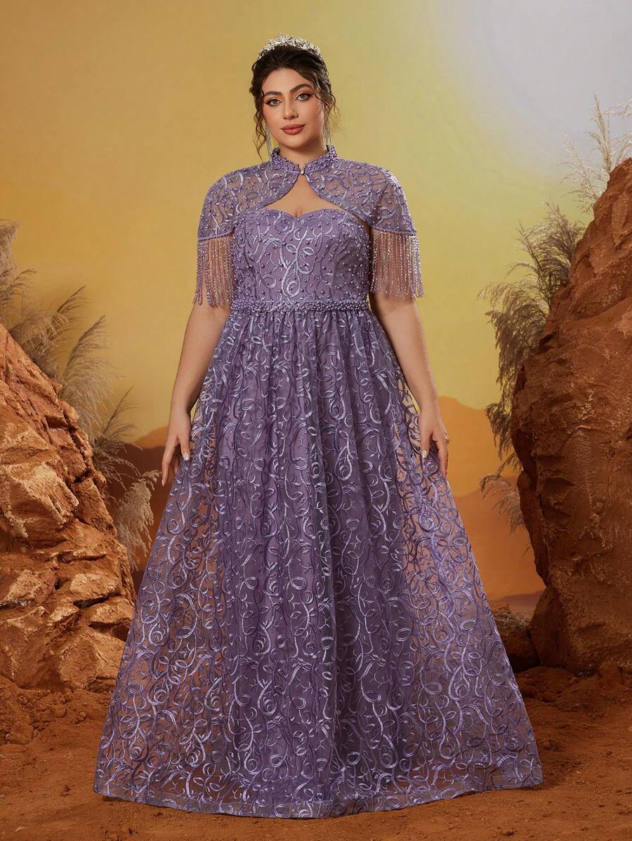 Plus Size Anpokt Stand Collar Embroidered Lace Mid-Sleeve Flare Hem Split Evening Dress, Party Dress, Wedding Guest Dress, Formal Dress,Gown - Purple - View 1