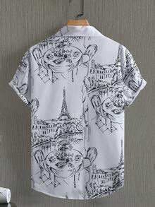 Men's Casual Short Sleeve Graffiti Printed Shirt, Summer - Black and White - View 2