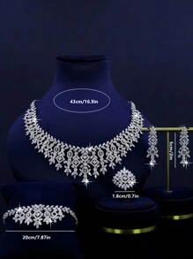 5 pièces Série royale de luxe Ensemble de bijoux de mariage à design de feuille, comprenant un collier, un bracelet, des boucles d'oreilles, une bague, sertis de cubic zirconia. Convient pour un port quotidien et un mariage. Cadeau pour l'anniversaire (boîte cadeau premium incluse)