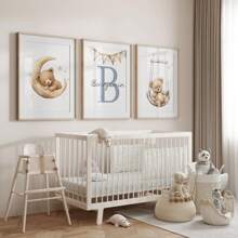 3件套定制无框帆布海报 - 个性化姓名墙画、定制泰迪熊墙画、个性化姓名泰迪熊油画装饰、星星、月亮、旗帜、秋千图案、个性化首字母/姓名牌、中性卧室装饰、餐厅、客厅、卧室、办公室、游戏室、家居装饰礼品、生日、毕业、返校季学习用品、温馨氛围、秋季装饰、旅行收纳 - 彩色 - 查看 3