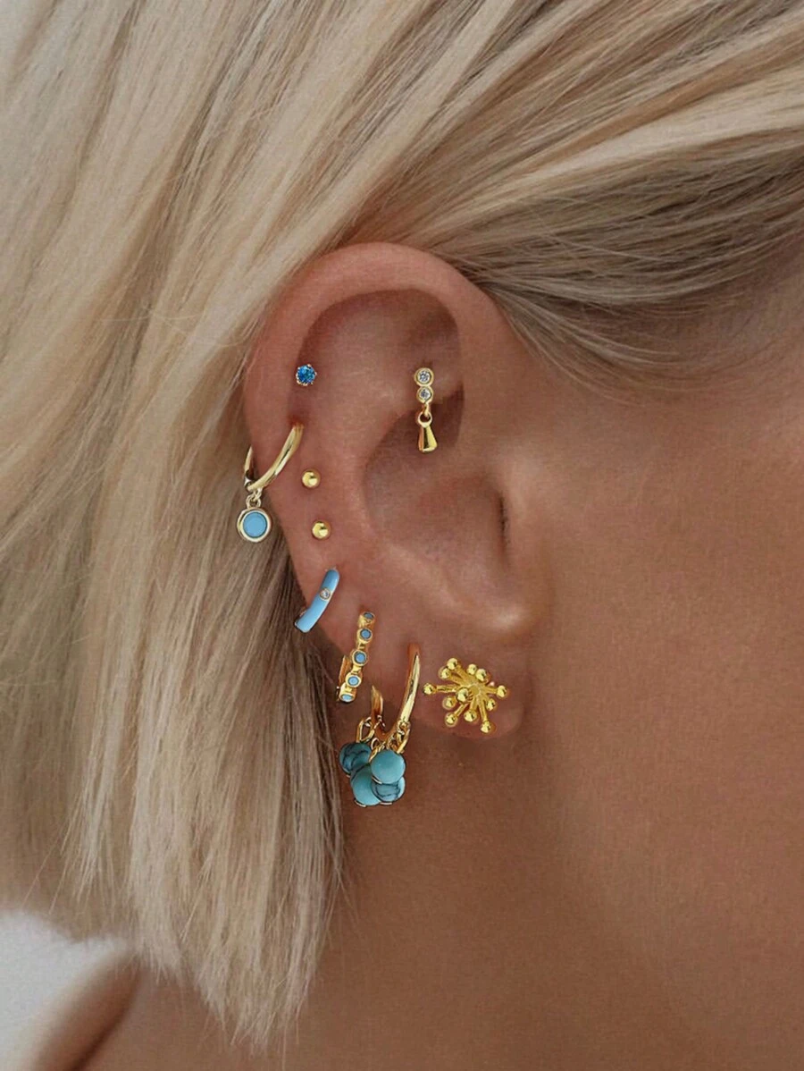 9pcs/Set Elegant Turquoise Earrings Minimalist Earring Set, Suitable For Women's Date, Party, And Daily Wear