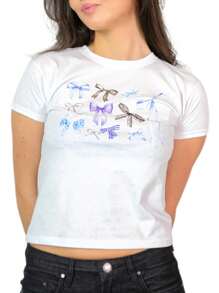 Women's Summer Crop Tops Short Sleeve Round Neck Shell/Bow/Wine Cup/Fruit/Lip/Heart Print Baby Tees