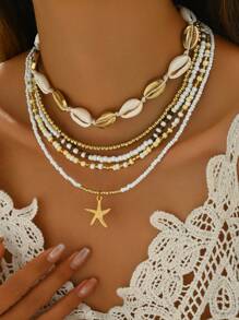 5pcs/Set Bohemian Style Random Color Glass Beads & Starfish Pendant Layered Necklace Set, Suitable For Beach, Resort, Party - Beige - View 2