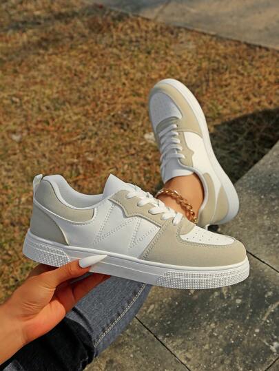 New Women White Casual Sports Shoes, Comfortable Fashion Versatile Lace-Up Flat Dual-Color Non-Slip Sneakers