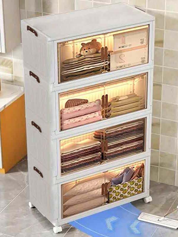 3layer  Storage Bin With Lid, Foldable Storage Bin, Front Open And Top Home Office Closet Storage Arrangement, Folding Plastic Clothing Locker 360° Wheels,