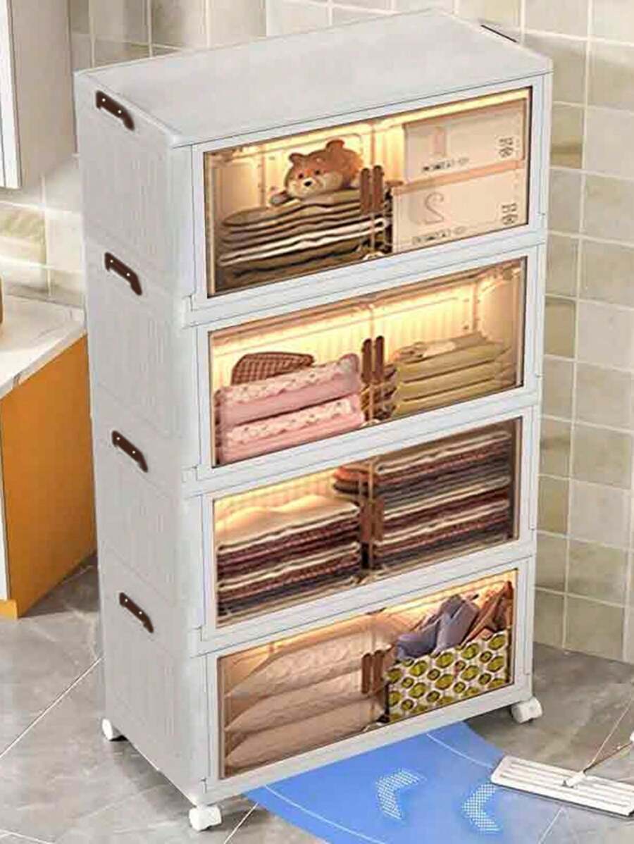 3layer  Storage Bin With Lid, Foldable Storage Bin, Front Open And Top Home Office Closet Storage Arrangement, Folding Plastic Clothing Locker 360° Wheels,