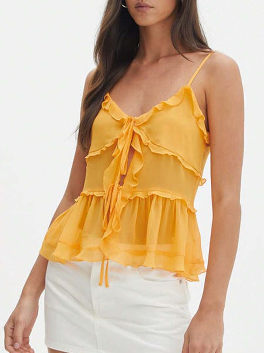 Women's Summer Casual Cami Tops Sleeveless Backless Solid Color Tie Up Ruffle Vest - Yellow - View 1