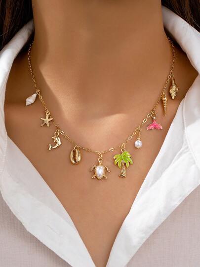 1 pièce Collier pendentif avec queue de sirène, palmier, coquille de tortue de mer, étoile de mer. Bijou de style vacances bord de mer, vie océanique