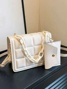 A Stylish Solid Color Retro Clamshell Handbag Set, Suitable For Women's Daily Use Of Dating And Gift Bags Chequered Acrylic Chain Shoulder Bag With Small Coin Purse Design - Multicolor - View 1