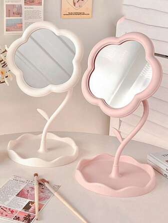 1pc Flower Patterned Rotating Adjustable Mirror, Battery-Free Polished Plastic Frame, Compact Vanity Mirror With Storage Tray, Suitable For Dorm Desk,Makeup,Cheap,Room Decor,Vanity,Travel,Bedroom,Makeup Accessories,Mirror,Vanity Mirror,Cheap,Stocking Stuffers,Makeup,Makeup Tools,Cheap Stuff,Gifts,Gifts For Women,Christmas Gifts