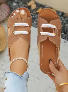 Plus Size 36-45 Fashionable Minimalist Green Metal Buckle Thick-Soled Open Toe Casual Slide Sandals For Women, Lightweight & Comfortable, Suitable For Daily & Outdoor Wear, Roman Style Platform Wedge Sandals - 棕色 - 查看 2