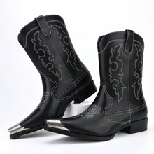 Men's Boots Vintage Casual Embroidered Pointed Toe Cowboy Boots - 黑色 - 查看 2