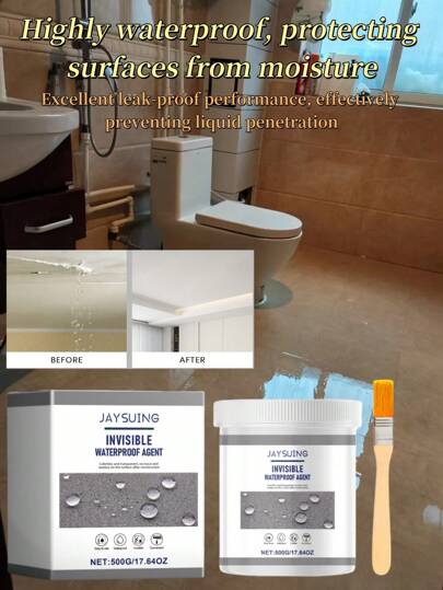 500g防水密封胶配1刷，有效防水：防止水渗透，保持表面干燥。透明配方保持原貌。卓越的防漏性能：可靠的防漏性能，确保无液体渗漏。快干：涂抹后快速干燥，节省时间。适用于各种表面，提供全方位保护。强大的保护，延长使用寿命。适用于家庭和工业用途，新旧型号随机发货