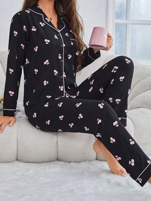2pcs/Set Fruit & Cherry Print With Pocket Comfortable Contrast Trim Long Sleeve Top And Pants Pajama Set, Casual Home Wear Suit For Autumn/Winter,Two Pieces Set, Vacation