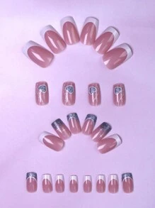 24pcs Square Medium Size Acrylic Nails, Glossy Full Coverage Artificial Glitter Nails, Blue Heart Pattern Coffin Shaped Fake Nails With Pendant, Suitable For Women & Girls, Valentine's Day & Wedding Nail Art Supplies - Blue and White - View 3