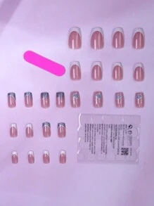 24pcs Square Medium Size Acrylic Nails, Glossy Full Coverage Artificial Glitter Nails, Blue Heart Pattern Coffin Shaped Fake Nails With Pendant, Suitable For Women & Girls, Valentine's Day & Wedding Nail Art Supplies - Blue and White - View 4