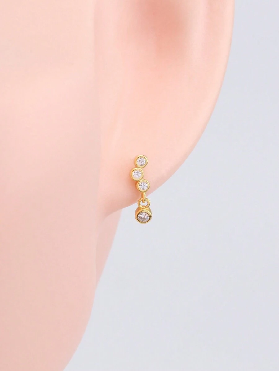 925 纯银简约精致女士耳钉，时尚经典优雅奢华日常耳环配饰 - 金色 - 查看 1