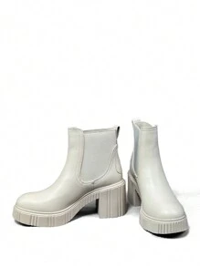 Leather Fabric Splicing High Thick Heel Thick Bottom Sleeve Chelsea Boots Women's Autumn Ankle Boots - Beige - View 7