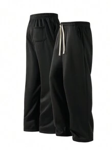 Blueplus Men's Two-Piece Loose-Fitting Drawstring Sweatpants With An Adjustable Drawstring Waistband. Comfortable And Breathable, Suitable For Outdoor Sports And Fitness. Straight-Leg Casual Pants. - 黑色 - 查看 3