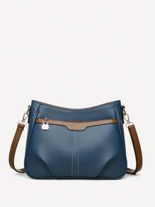 1pc Colorblock Decorative Litchi Leather Texture Large Capacity Multi-Compartment Crossbody Bag, Suitable For Women's Daily Use, Commuting Shoulder Bag For Autumn/Winter - Blue - View 4