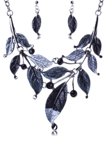 1 set Collier pendentif à feuilles émaillées colorées vintage et boucles d'oreilles pour femmes
