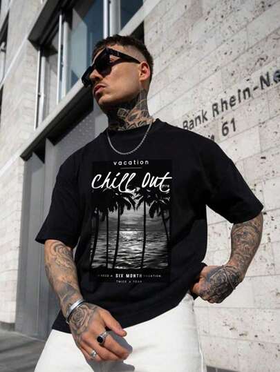 Men Slogan & Palm Tree Print Tee