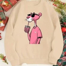 Unisex Round Neck Casual Flannel Pink Panther Sweatshirt Top - 米色 - 查看 1