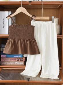 Young Girl 2Pcs Casual Woven Fabric Plain Camisole & Trousers Set For Summer