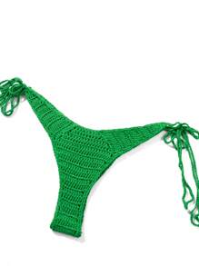 Women Knitted Two Piece Bikini Swimsuit Sexy Bathing Suits Crochet Flower Halter Triangle Tops String Bikini Sets Beachwear - Green - View 6