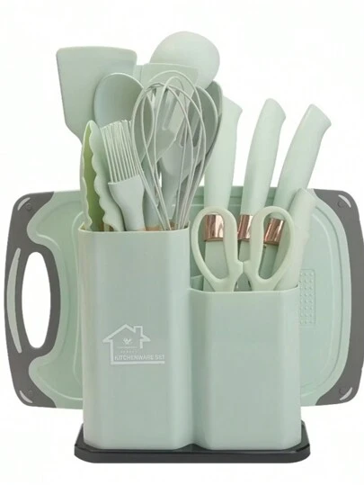 Kit Completo Jogo Utensílios de Cozinha Luxo 19 Peças Com Tábua em Silicone Espátula Faca Tesoura