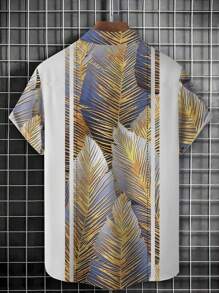 Gold Palm Leaf Print Button Front Hawaiian Shirt For Men - Khaki - View 2