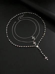 3pcs Vintage Punk Multilayer Metal Silver Cross Decor Y-Necklace, Men's Fashionable Beaded Necklace Set, Hip-Hop Style