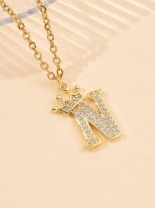 1 件 Ins Style 26 个英文字母全水钻皇冠吊坠项链，DIY 项链链配件不锈钢项链链和铜吊坠 - 金黃色 - 查看 27