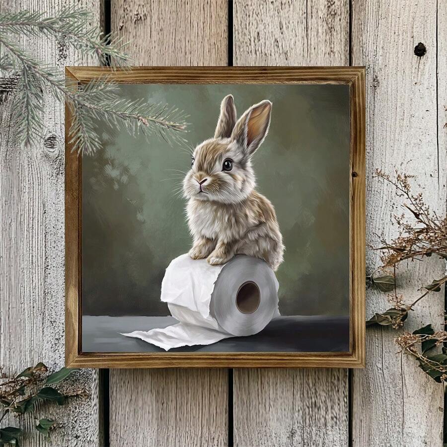 1 Conejo de estilo rústico de madera para rollo de papel higiénico, decoración de pared de conejo adorable de 8X8 pulgadas, apto para baños, cafés y tiendas - Tratamiento pulido, sin electricidad ni baterías requeridas
