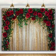 1pc Gold Glitter Backdrop With Red Roses And Green Leaves - Silk Arch, Suitable For Wedding, Bridal Shower, Anniversary And Party - Multipurpose Photo Background, No Power Required - 1pc - View 4