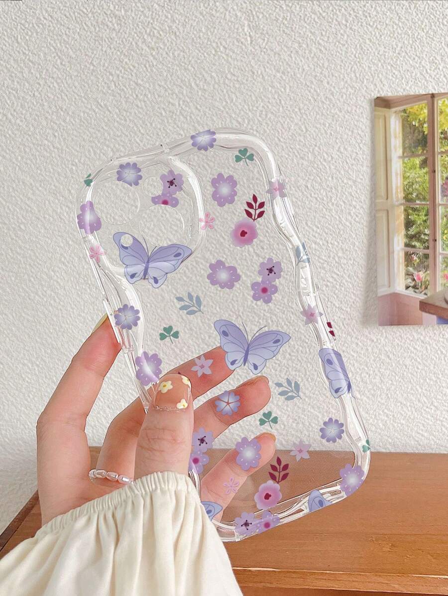 1 件透明蝴蝶花朵图案 TPU 全覆盖手机壳，兼容 Apple iPhone 16 系列和系列