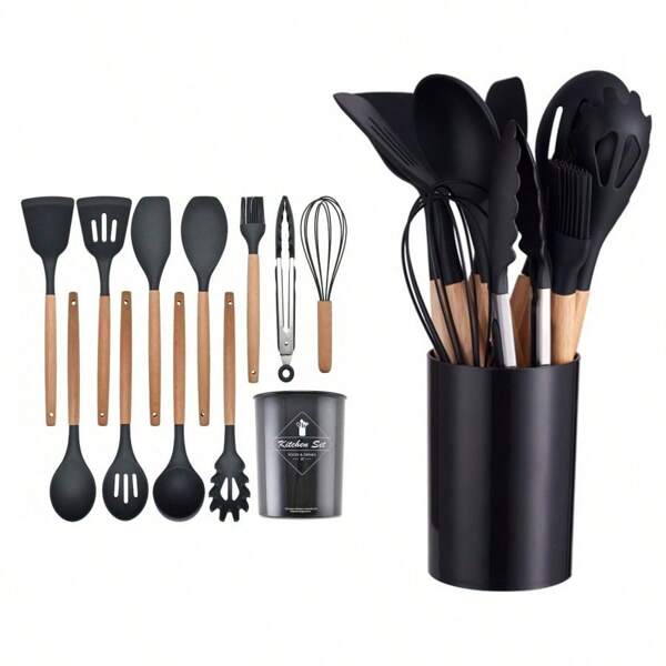 Küchen-Kochutensilien-Set, antihaftbeschichtetes Silikon-Kochgeschirr-Set mit Spatel, Holzgriff hitzefest Silikon Küchenklein-Werkzeug-Set (Bitte Spezifikation bei der Bestellung beachten)