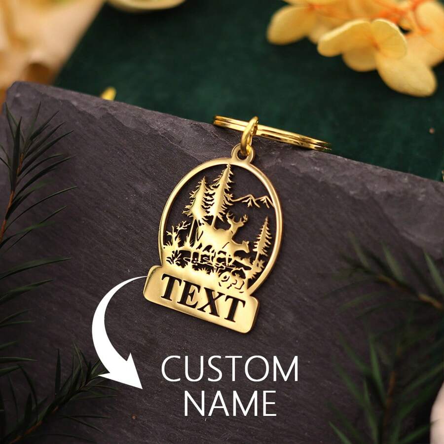 1pc Stainless Steel Personalized Keychains, Customized Forest Deer Name Keychain, Customized Tooth Letter Keychain, Customized Animal Bat Keychain,Laser Engraved Nameplate Pendant Keyrings, Custom Text Name Date Key Chains, Birthday Love Gift Jewelry