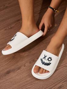 Men's Versatile Colorblock Letter Graphic Print Indoor Outdoor House Beach River Trekking Lightweight Breathable Casual Flip Flops - White - View 3