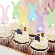 10 piezas/5 piezas Decoración para cupcakes con conejo de pascua de dibujos animados estilo macarrón para fiestas de cumpleaños y de pascua - Multicolor - Ver 2