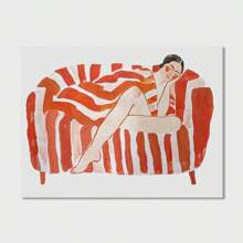 Large Canvas Wall Art - Abstract Woman Relaxing On Red And Orange Striped Sofa - Vibrant Home Decor Artwork - Unique Line Drawing, Frameless - Multicolor - View 12