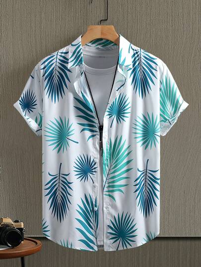 Casual Short Sleeve Palm Leaf Print Shirt For Men, Summer Holiday Hawaiian